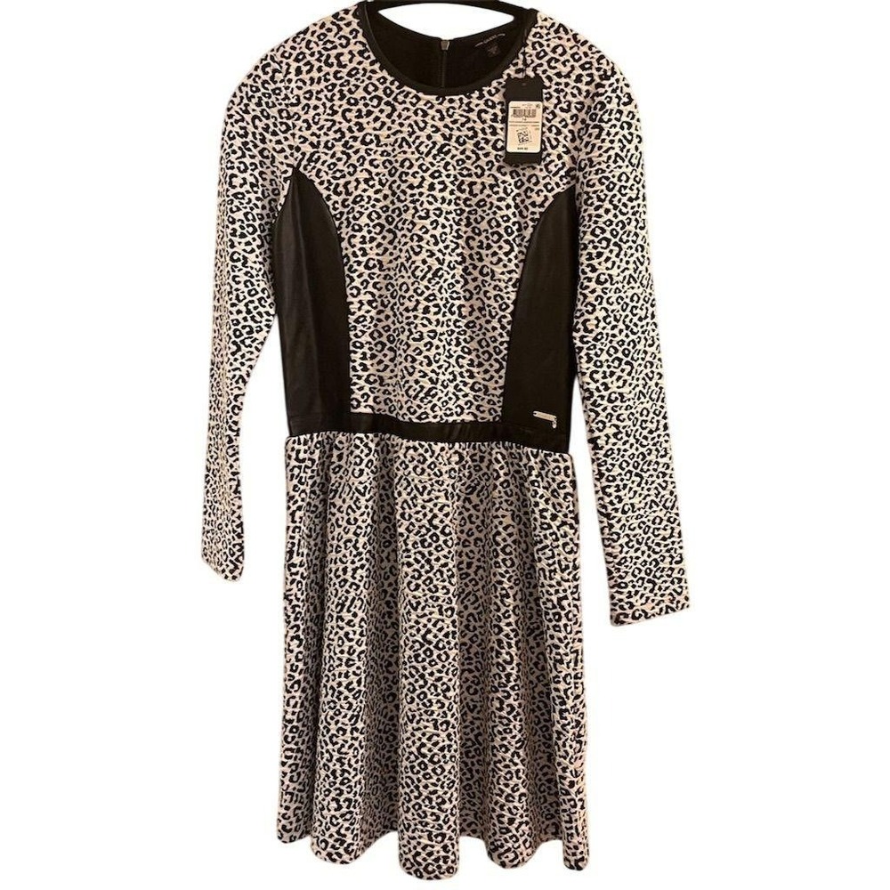 Guess Girls White Leopard Animalier Jacquard Dress Faux Leather Trim Size 16 NEW - Picture 2 of 10